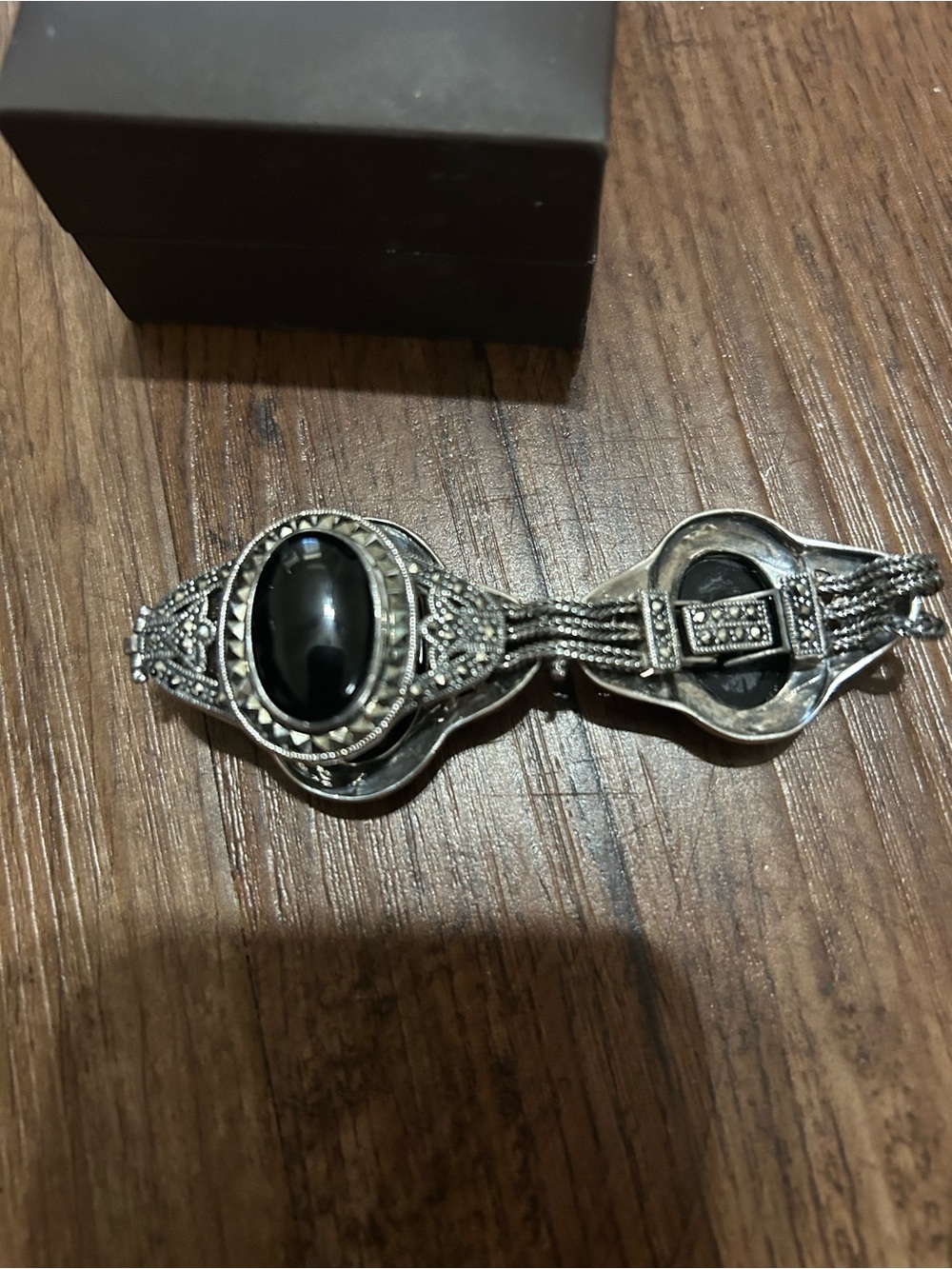 Vintage Sterling Silver 925 Onyx Marcasite Art Deco Style Link Bracelet - Picture 4 of 4